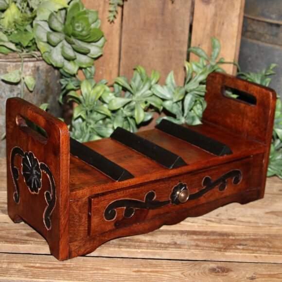 Pier One Imports Wooden Carved Counter Top Wine Rack with Drawer Storage - Picture 2 of 8